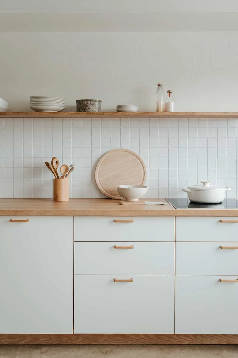 A white and light wood kitchen decor. There is a white kitchen cabinet with a light wood countertop. On the countertop, there is a white bowl, a light wood cutting board, and a white knife. There is also a white pot and a light wood utensil holder. The kitchen has white walls and a light wood floor.