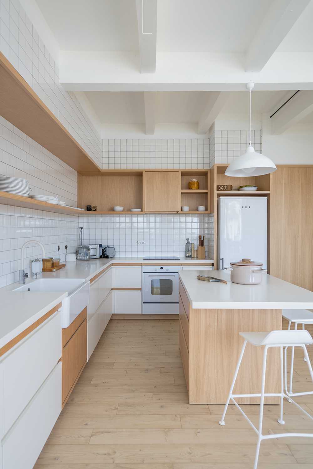 A kitchen with a white and light wood decor. The kitchen has a white cabinet, a white countertop, and a white sink. There's a light wood floor and a light wood island with a white countertop. The island has a white stool and a white pot. There's a white fridge and a white oven. The walls have white tiles and a light wood panel. There's a white pendant light hanging over the island.