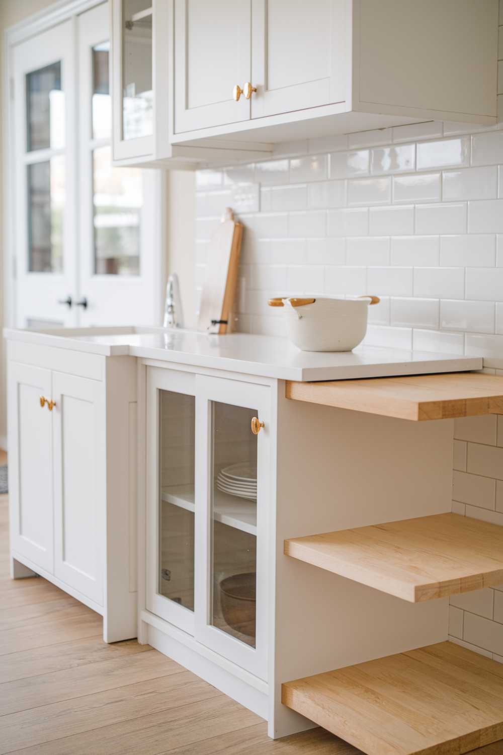 A white and light wood kitchen decor. There is a white cupboard with a glass door, a white countertop, and a white sink. Above the sink, there is a white cabinet. On the countertop, there is a white bowl with a light wood handle. Next to the cupboard, there is a light wood shelf. The floor is made of light wood planks. The background is blurred and contains a white door and a window.