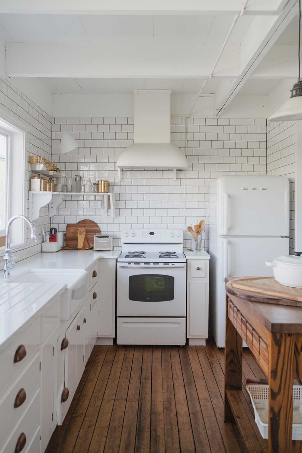 A white kitchen with wood accents. The kitchen has a white cabinets, a white countertop, and a white sink. There's a white refrigerator and a white stove. Above the stove, there's a white hood. The floor is made of wood. There's a wooden island in the middle of the kitchen. On the island, there's a wooden cutting board and a white pot. The walls have white tiles. There's a pendant light hanging above the island.