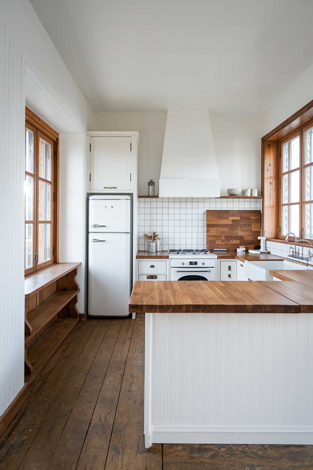 A white kitchen with wood accents. The kitchen has a large island with a wooden countertop. There is a white sink with a wooden backsplash. There is a white oven and a white refrigerator. The floor is made of wood. There are white cabinets and a wooden shelf near the window. The room has a window with wooden frames.