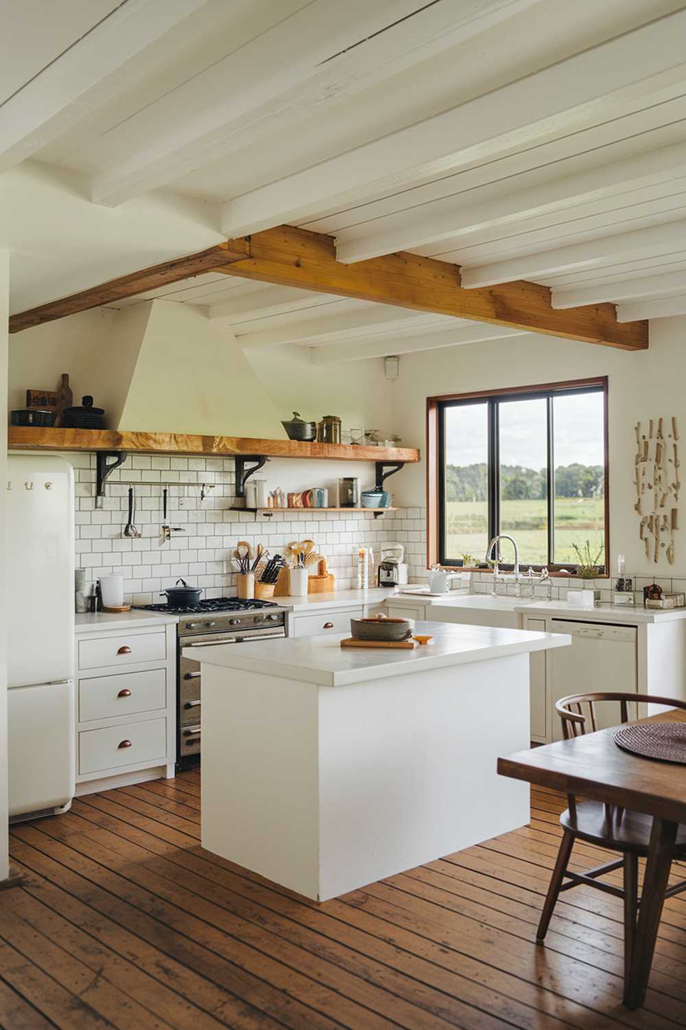 A white kitchen with wood accents. The kitchen features a white cabinets, a white island, and a white backsplash. There are wood elements throughout the kitchen, including a wooden beam above the island, a wooden shelf above the cabinets, and a wooden floor. The room has a large window with a view of a green landscape. There is a dining table near the window. The kitchen has a variety of cooking utensils and appliances, including a stove, a refrigerator, and a sink.