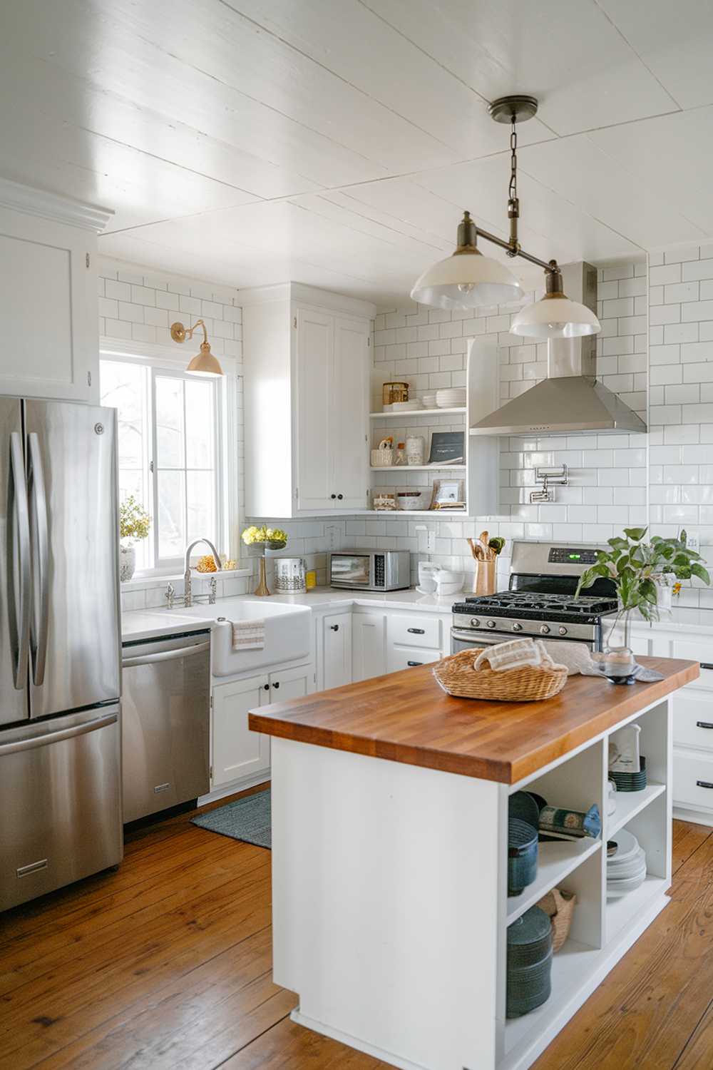 A white kitchen with a wooden island. The kitchen has stainless steel appliances, a sink, and a stove. There are cabinets, a light fixture, and a window. On the island, there's a basket and a plant. The floor is made of wood.