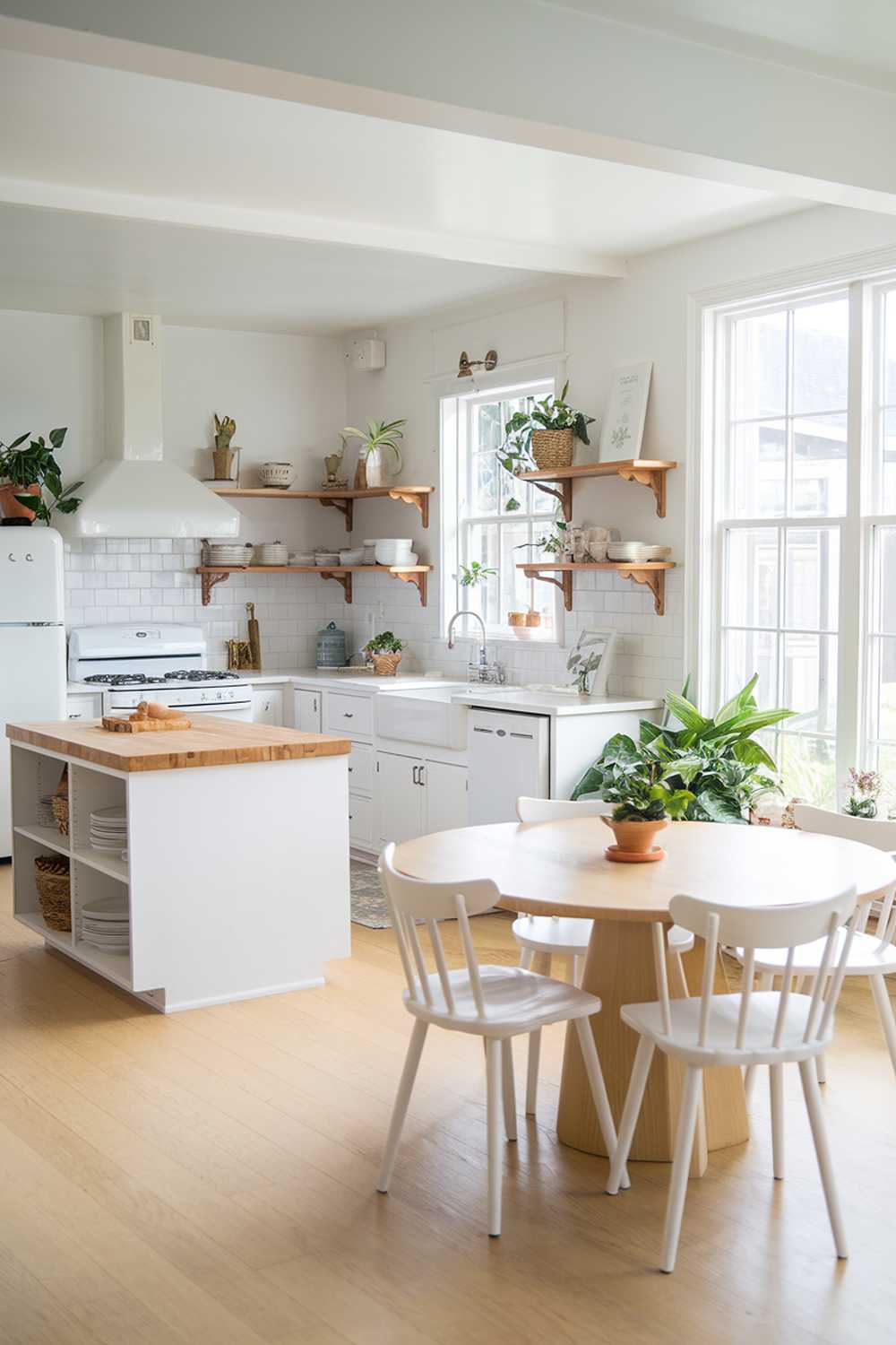 A white and light wood kitchen decor, with a large window allowing natural light to fill the space. The kitchen features a white island with a butcher block top, white cabinets, and light wood open shelves. There's a white stove, a white refrigerator, and a white sink. A large, round, light wood table with white chairs is placed near the window. The floor is light wood. There are potted plants near the window and on the counter.