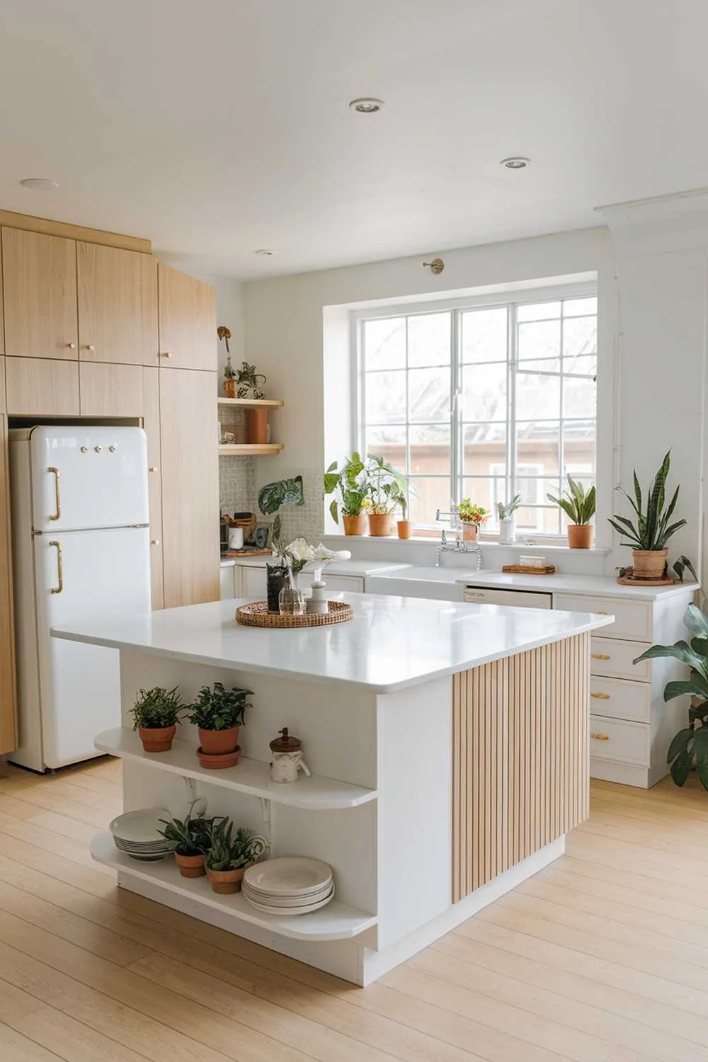 A white and light wood kitchen decor. The kitchen has a large island in the middle with a white counter and light wood cabinets. There's a white sink with a window behind it. The left side of the room has a light wood cabinet and a white refrigerator. The floor is light wood. There are potted plants near the window and on the counter.