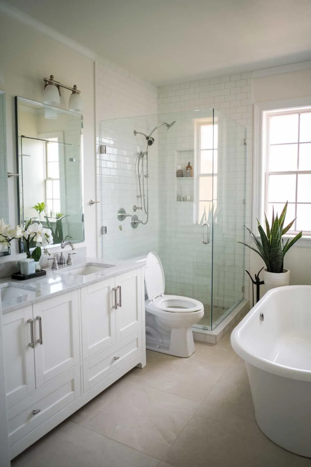 17 White Bathroom Ideas for a Fresh, Stylish Space 1 White bathroom featuring double vanity, walk-in shower with glass door, freestanding bathtub, and toilet with plant accent