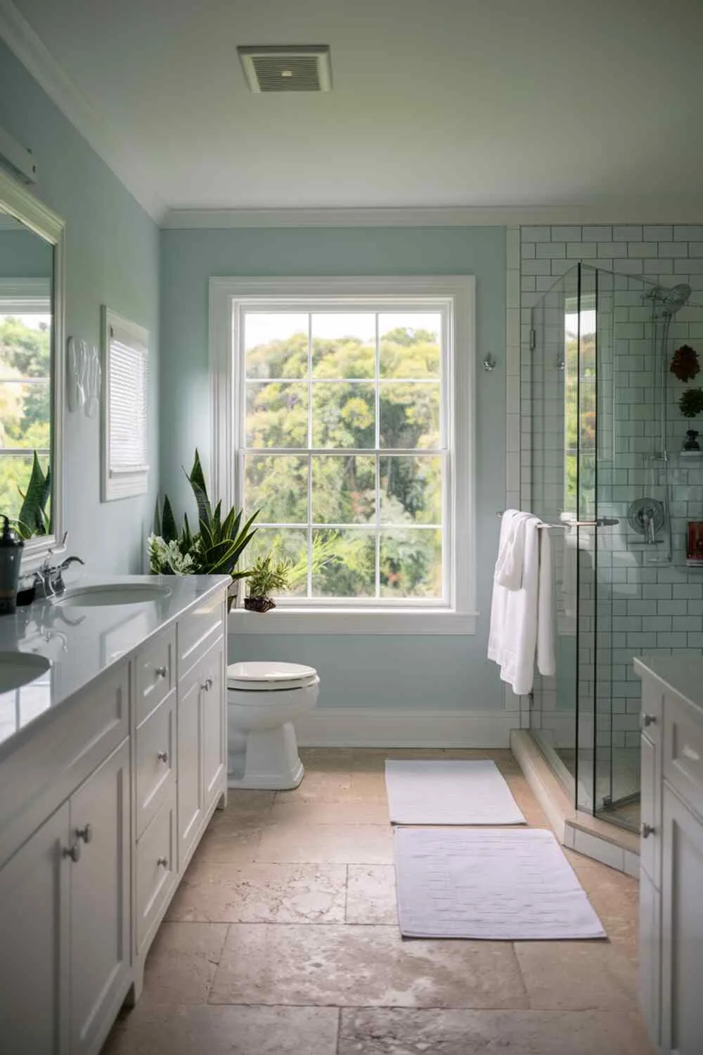 17 White Bathroom Ideas for a Fresh, Stylish Space 2 White bathroom with double vanity, shower, toilet, light blue walls, beige tile floor, and window with greenery view