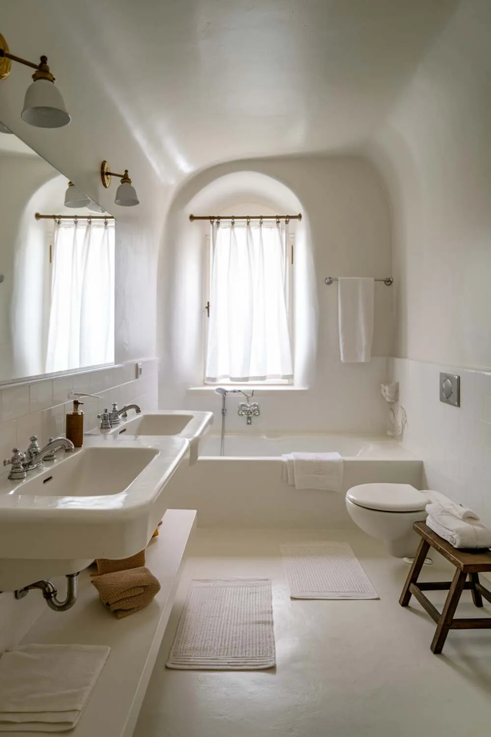 17 White Bathroom Ideas for a Fresh, Stylish Space 3 All-white bathroom with double sink, bathtub, toilet, window with curtain, and wooden stool accent
