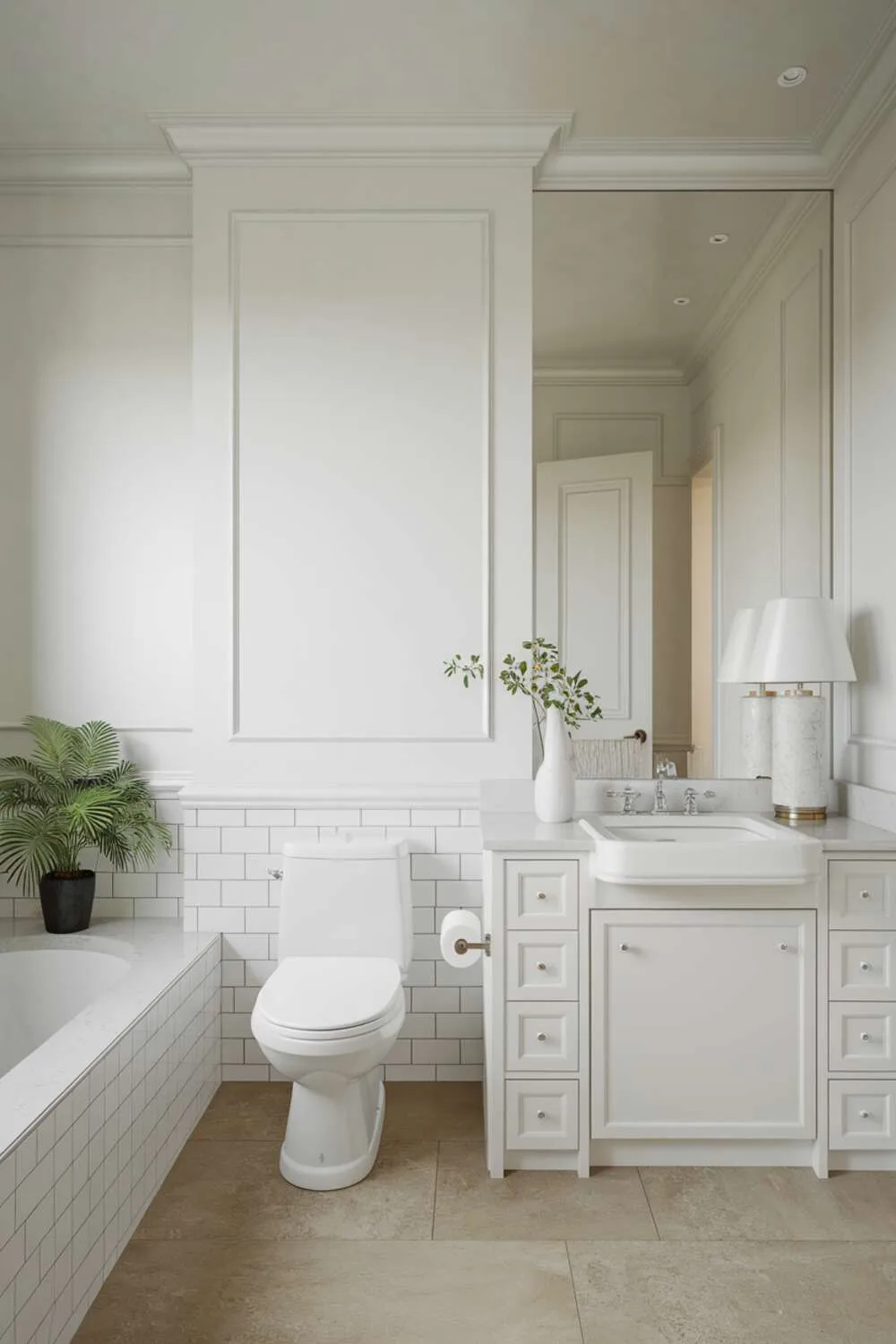 17 White Bathroom Ideas for a Fresh, Stylish Space 4 White bathroom with toilet, sink, white countertop, cabinet, lamp, beige tile floor, and potted plant
