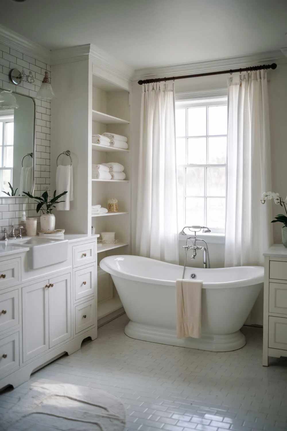 17 White Bathroom Ideas for a Fresh, Stylish Space 6 Stylish white bathroom with centered freestanding bathtub, vanity with sink and mirror on left, cabinet on right, tiled floor, and window with curtain