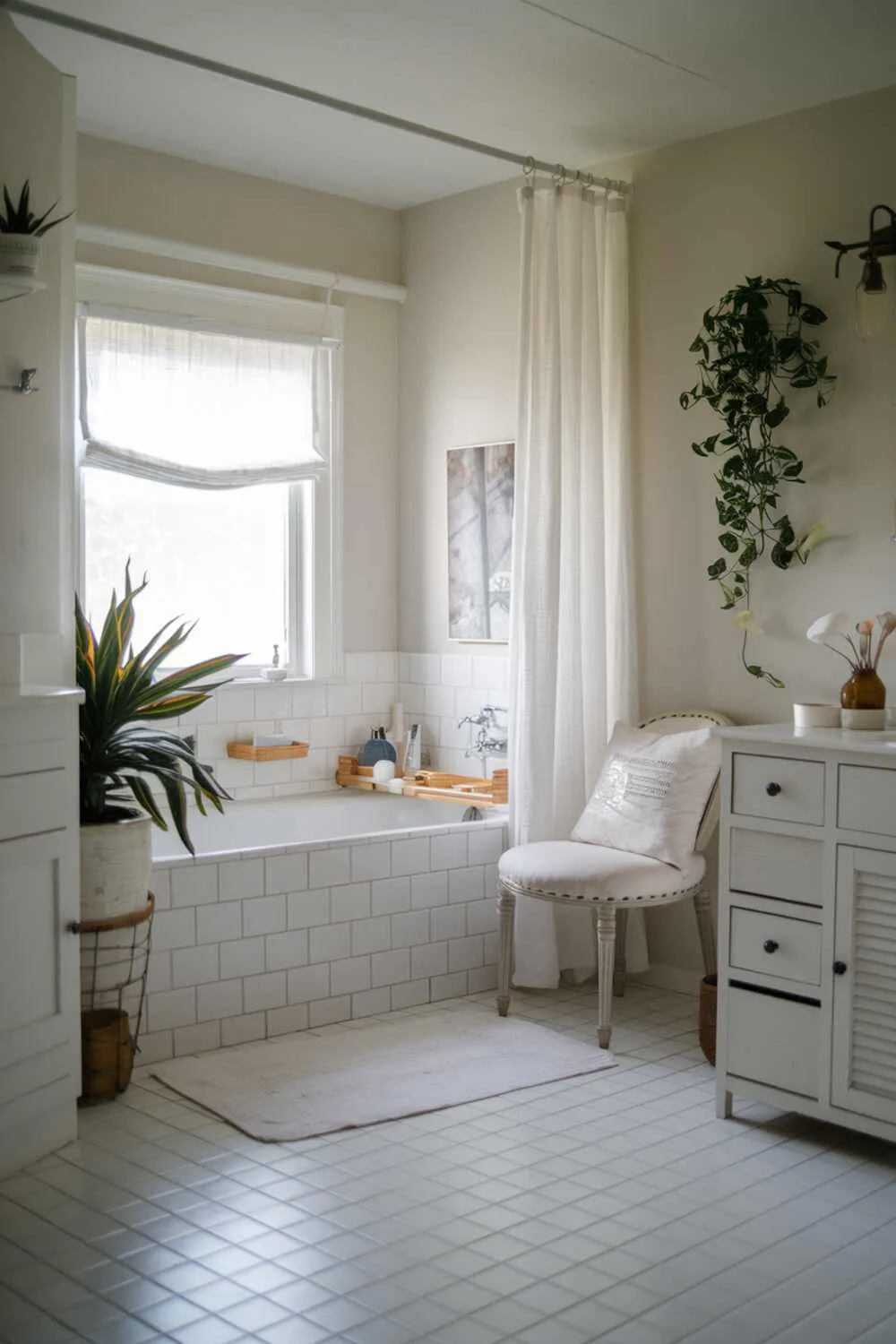 17 White Bathroom Ideas for a Fresh, Stylish Space 7 White bathroom with white tile floor, walls, bathtub, cabinet with decor items, curtain, chair, and potted plant