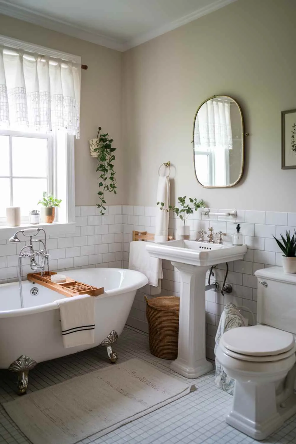 17 White Bathroom Ideas for a Fresh, Stylish Space 8 White bathroom with freestanding bathtub, basin sink, toilet, white rug, plant near window with curtain