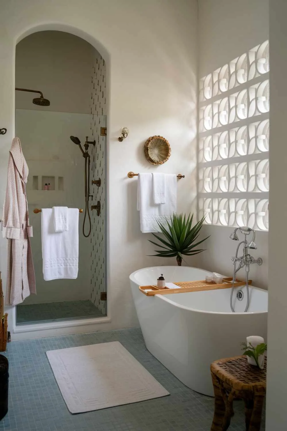 17 White Bathroom Ideas for a Fresh, Stylish Space 9 Cozy white bathroom featuring walk-in shower, freestanding bathtub, patterned wall, white textiles, blue tile floor, and plant accent