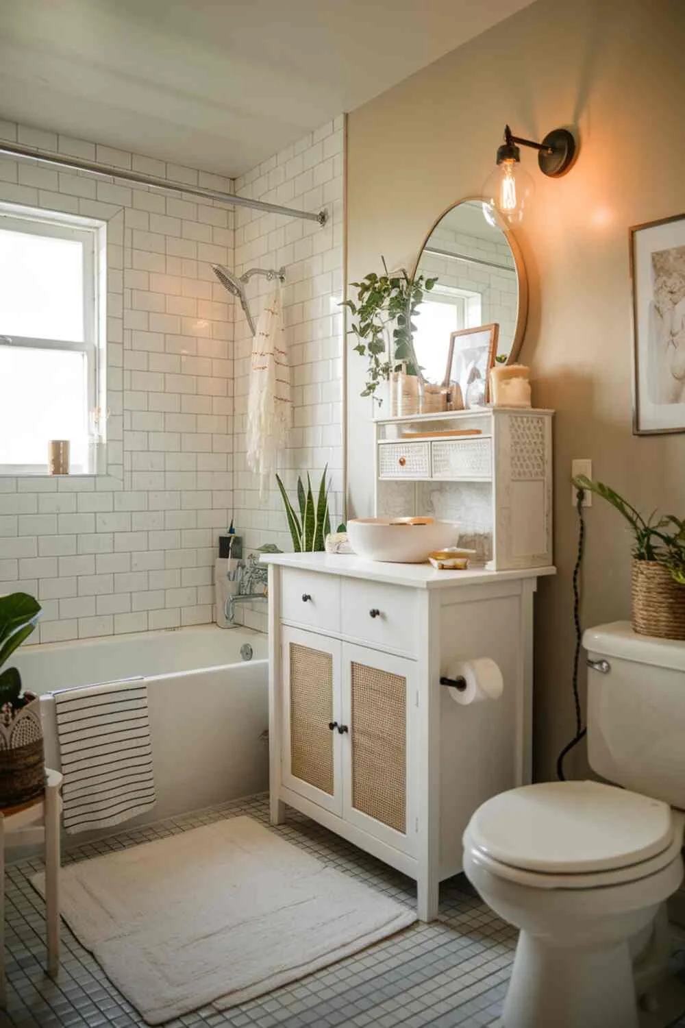 17 White Bathroom Ideas for a Fresh, Stylish Space 10 White bathroom with bathtub, sink, toilet, cabinet with decor items, white rug, plant, wall decorations, and warm lighting