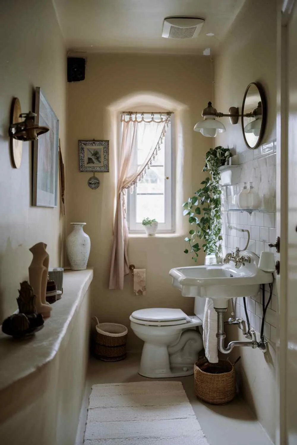 17 White Bathroom Ideas for a Fresh, Stylish Space 11 Cozy white bathroom with beige walls, window with curtain, toilet, sink with vintage faucet, wall-mounted lamp, white rug, plant, and decorative items