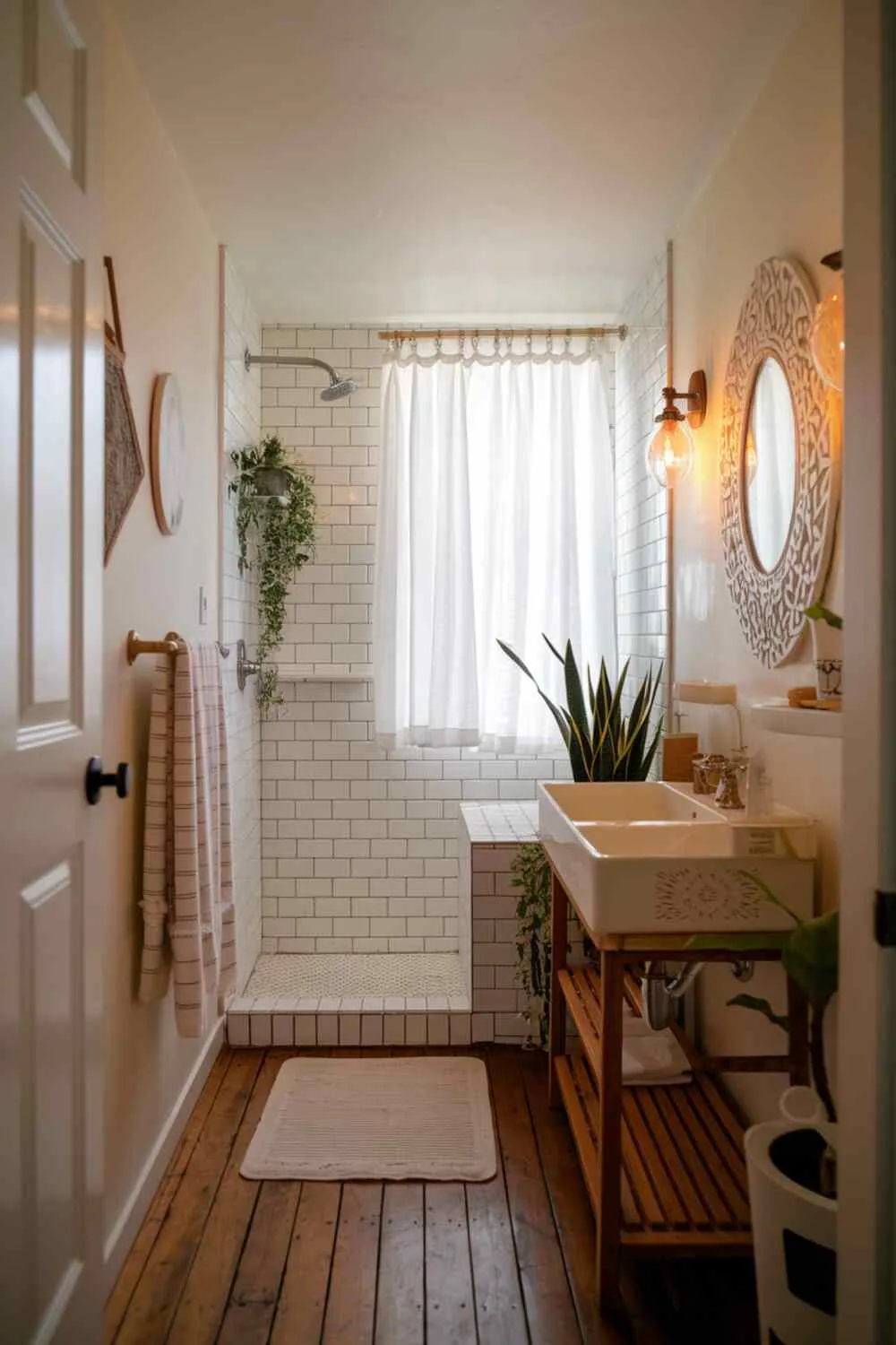 17 White Bathroom Ideas for a Fresh, Stylish Space 14 White bathroom with walk-in shower, wooden floor, accessories including towel rack, shelf, potted plant, large decorative mirror, window with white curtains, and warm lighting