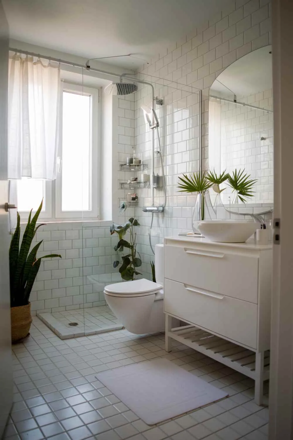 17 White Bathroom Ideas for a Fresh, Stylish Space 15 White bathroom with glass shower enclosure, modern vanity with sink and mirror, toilet, plants, white rectangular tile floor, white mat, and window with white curtains