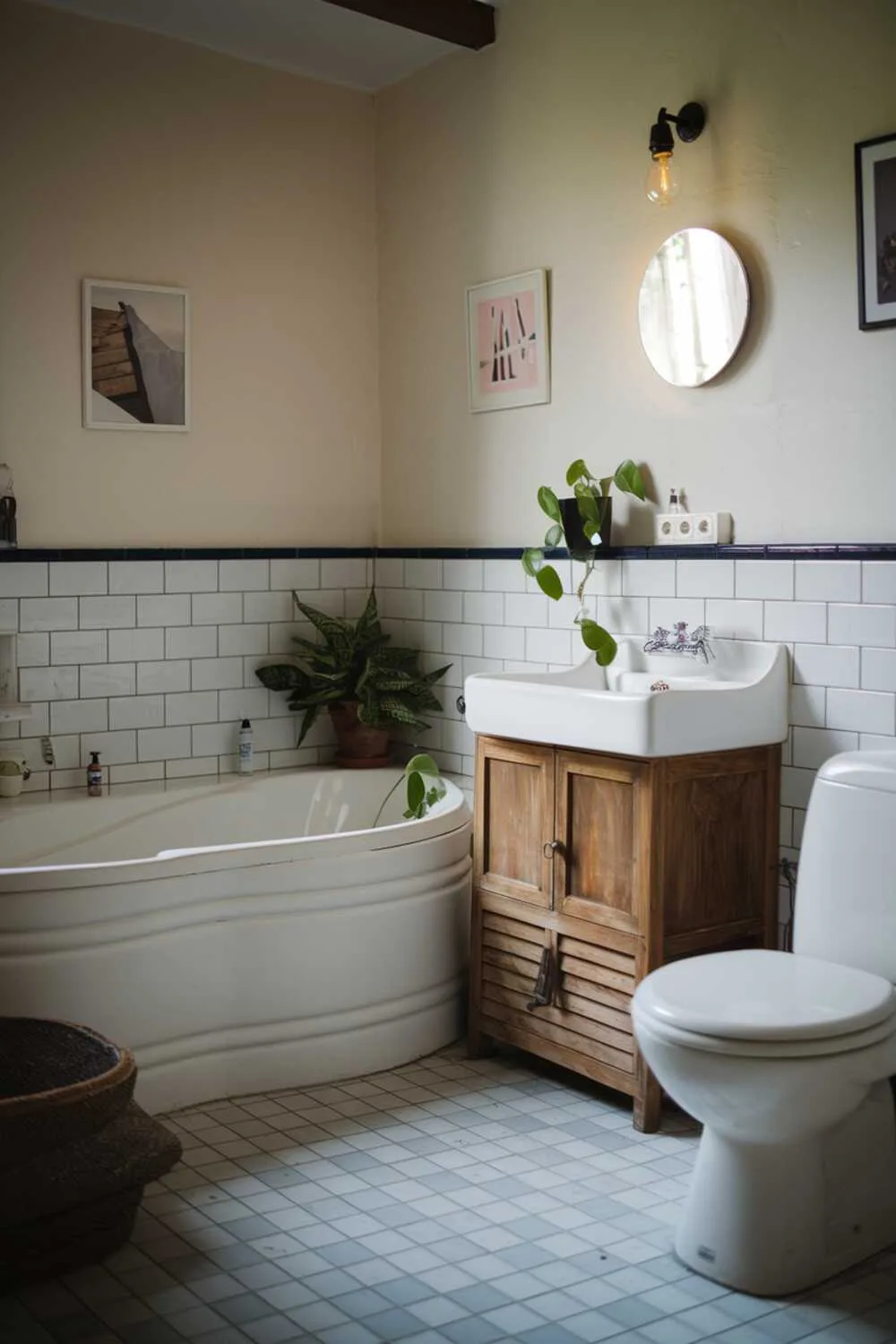17 White Bathroom Ideas for a Fresh, Stylish Space 17 White bathroom featuring curved bathtub, sink with wooden cabinet underneath, toilet, white and grey tiled floor, potted plant, wall pictures, and soft lighting