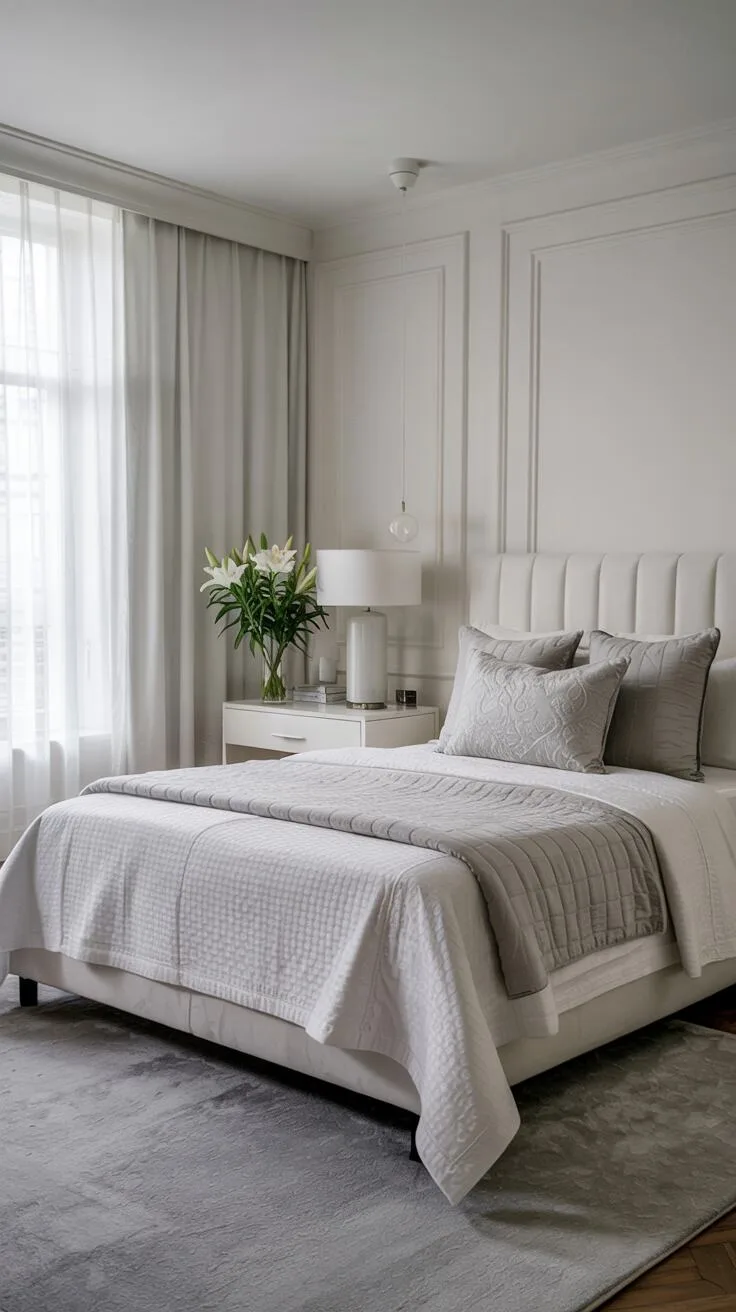 21 Stylish White Bedroom Ideas for Ultimate Comfort 1 A stylish white bedroom featuring a plush bed with gray quilt, geometric wall patterns, and natural light filtering through sheer curtains