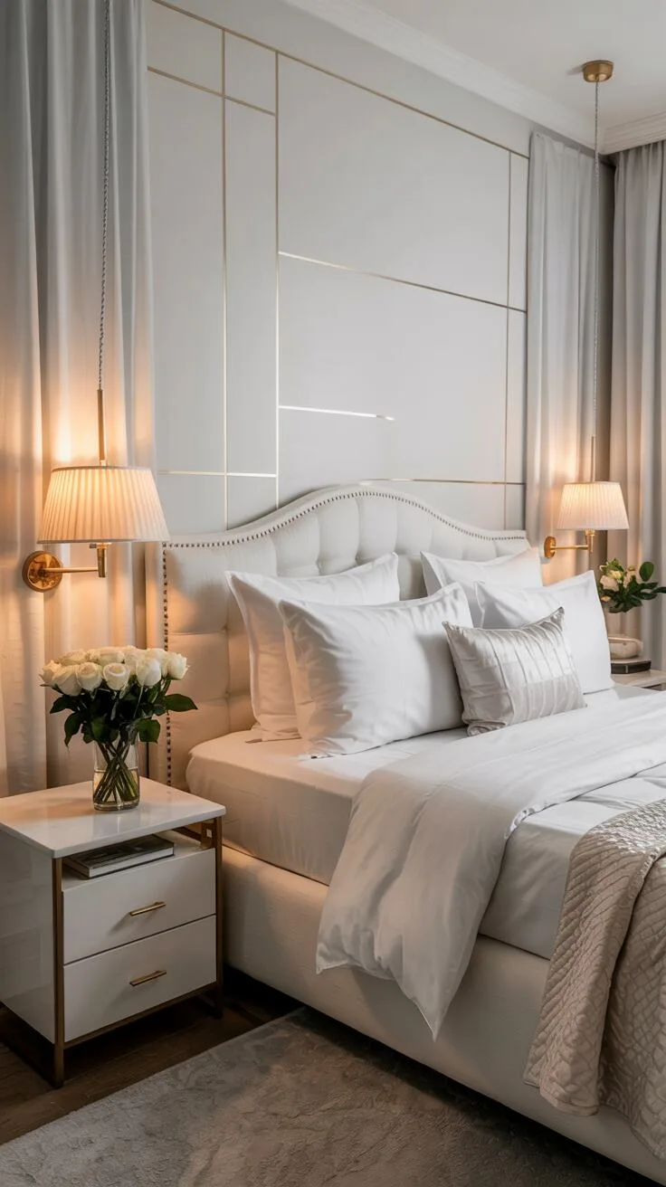 21 Stylish White Bedroom Ideas for Ultimate Comfort 2 A cozy white bedroom with gold-trimmed elements, featuring white and gold wallpaper and fresh white roses