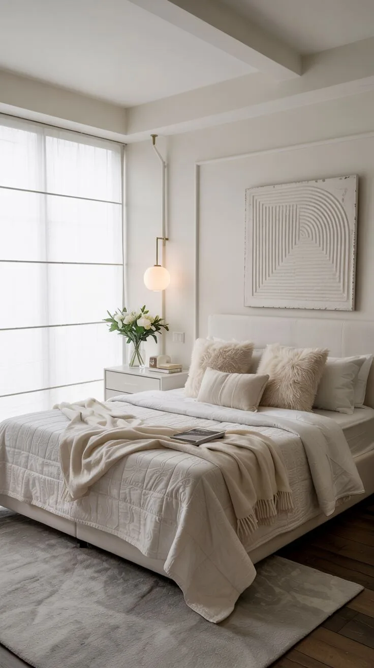21 Stylish White Bedroom Ideas for Ultimate Comfort 3 A minimalist white bedroom with king-sized bed, geometric wall art, and abundant natural light