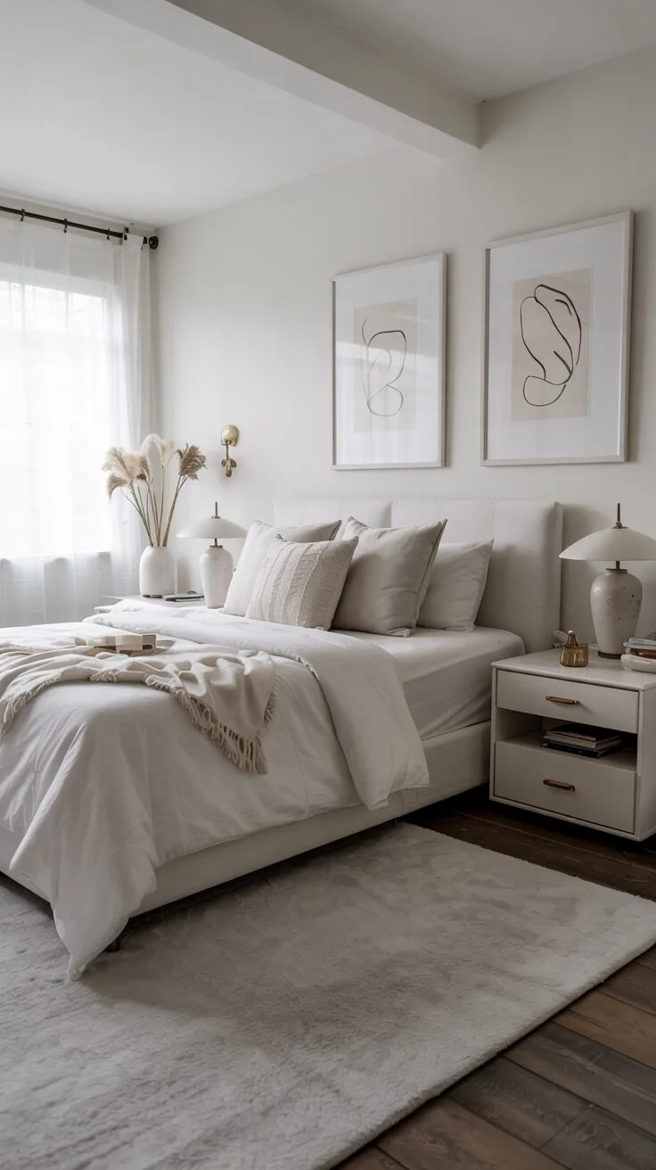 21 Stylish White Bedroom Ideas for Ultimate Comfort 4 A white bedroom with symmetrical nightstands, modern lamps, abstract art, and a plush area rug