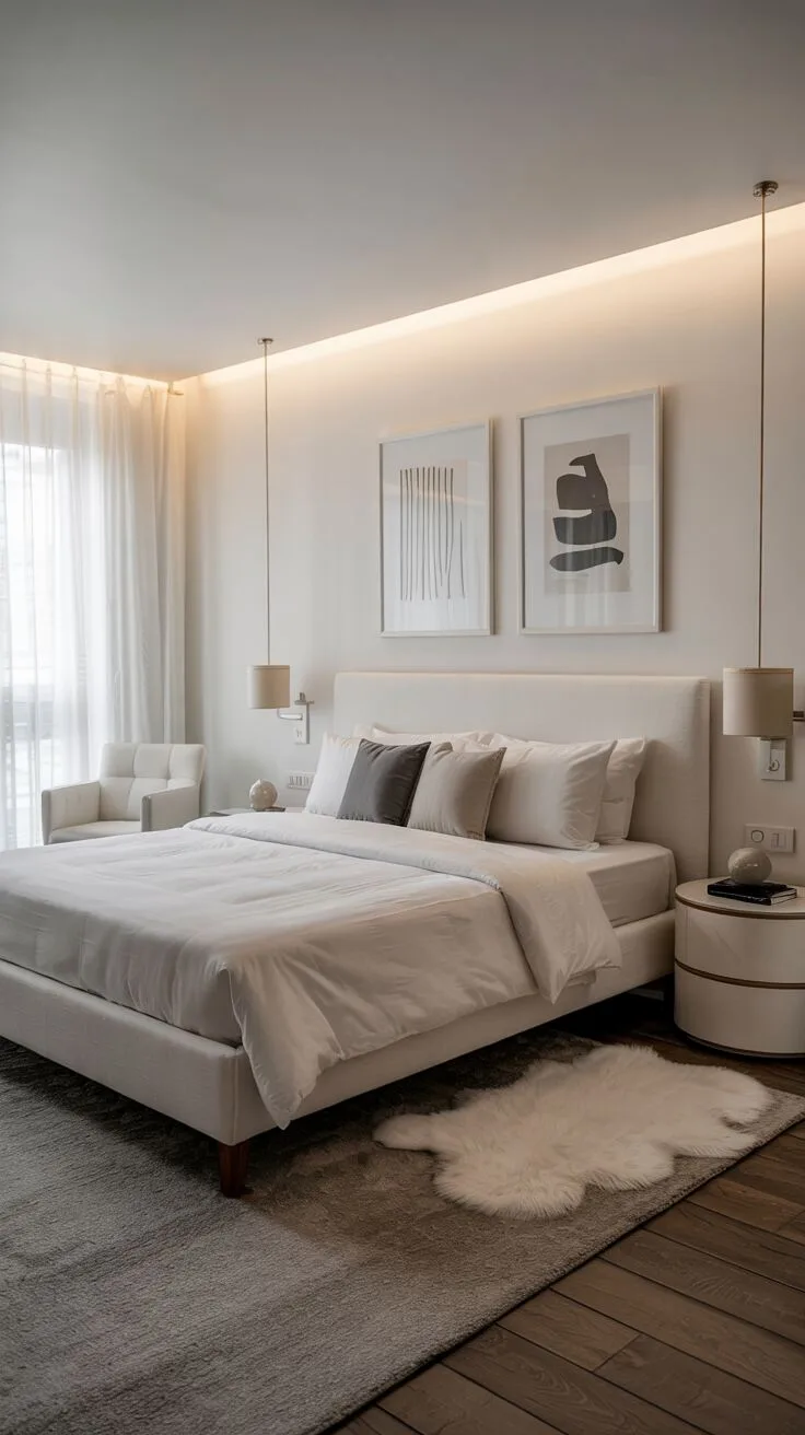 21 Stylish White Bedroom Ideas for Ultimate Comfort 5 A minimalist white bedroom with black and white abstract art, a king-sized bed, and modern furnishings