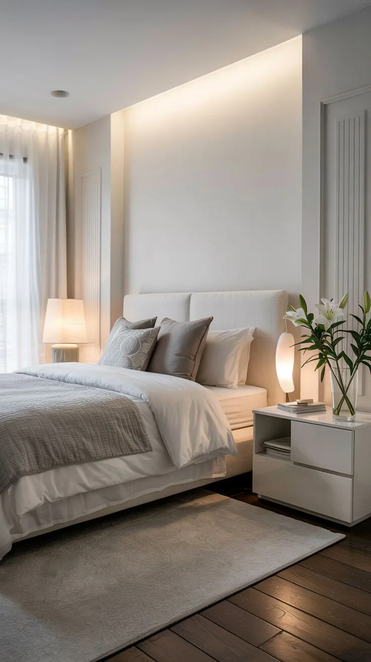 21 Stylish White Bedroom Ideas for Ultimate Comfort 6 A minimalist white bedroom featuring gray accents, fresh lilies, and soft natural lighting