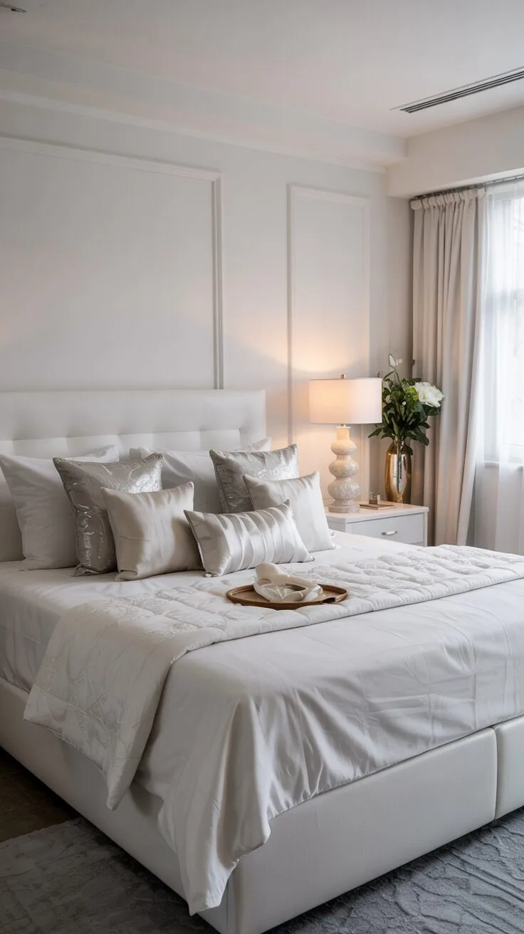 21 Stylish White Bedroom Ideas for Ultimate Comfort 7 A white bedroom with king-sized bed featuring white and silver decorative pillows and minimal furnishings