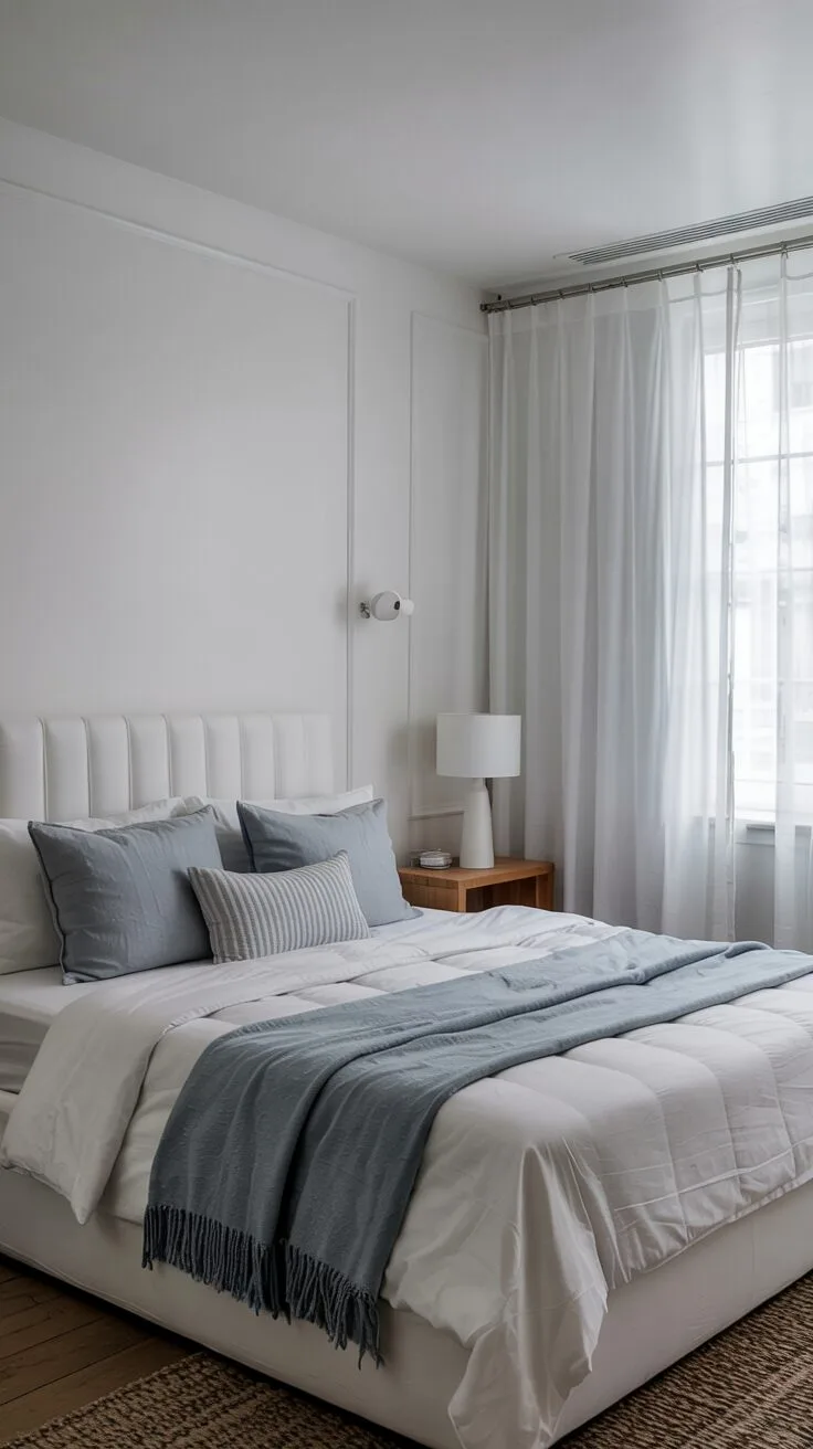 21 Stylish White Bedroom Ideas for Ultimate Comfort 8 A cozy white bedroom with gray pillows, light blue throw blanket, and minimalist furnishings
