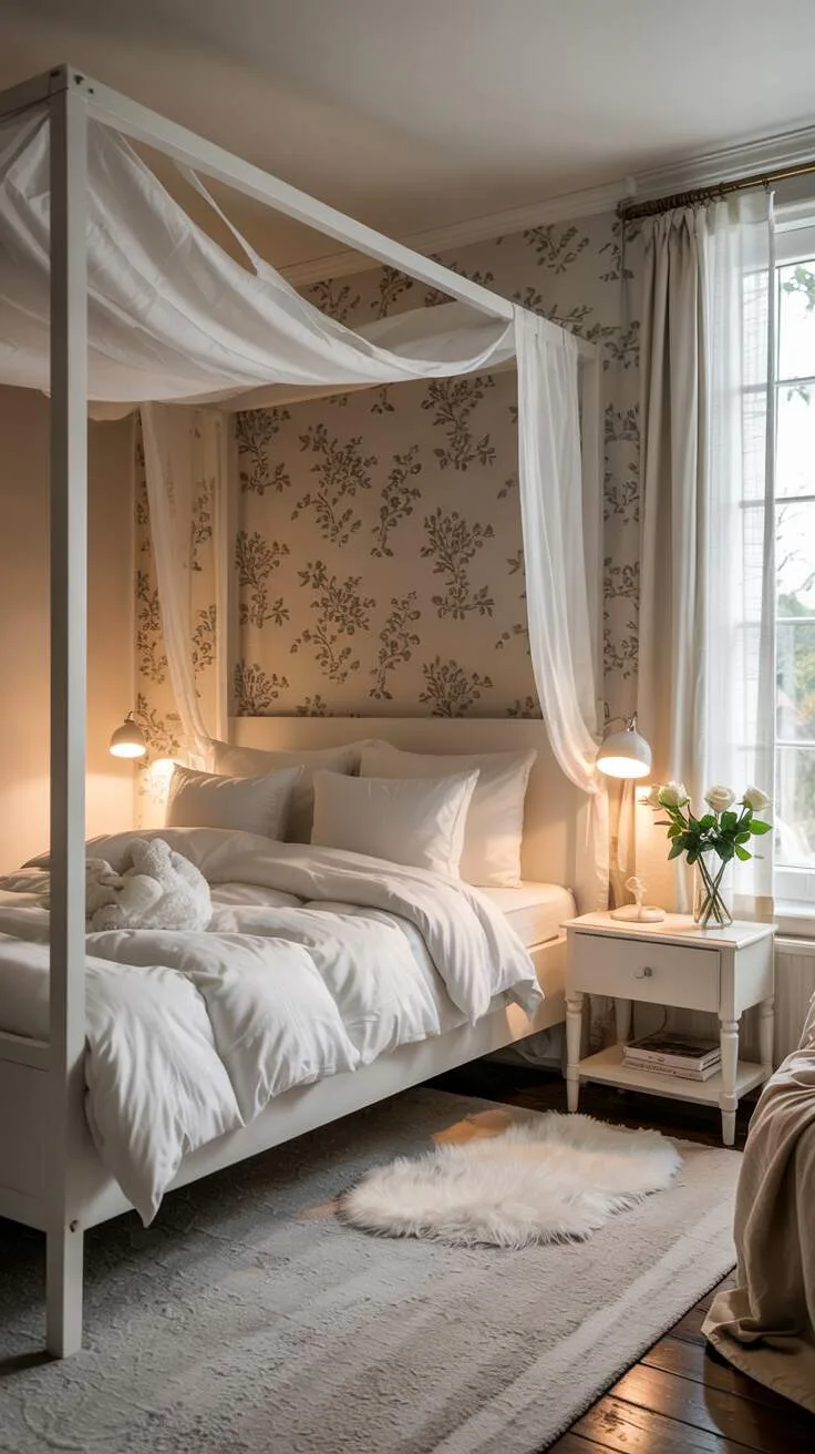 21 Stylish White Bedroom Ideas for Ultimate Comfort 9 A white bedroom featuring a canopy bed, grey linens, white roses, and delicate floral wallpaper