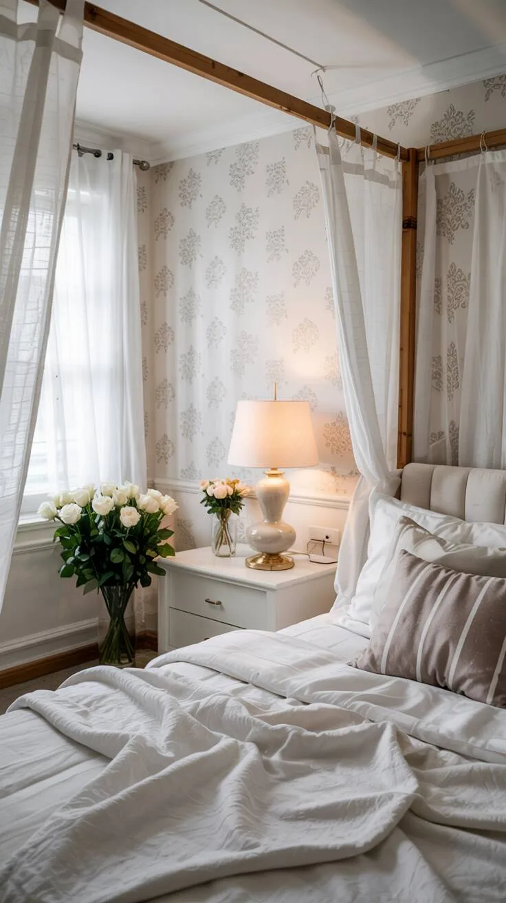 21 Stylish White Bedroom Ideas for Ultimate Comfort 10 A white and grey bedroom with a canopy bed, minimalist furniture, and white and grey patterned wallpaper
