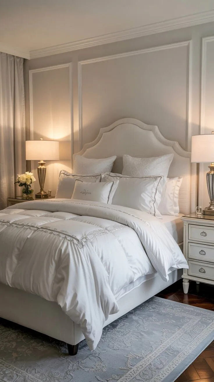 21 Stylish White Bedroom Ideas for Ultimate Comfort 11 A white bedroom with king-size bed featuring silver embroidery, matching bedside tables, and soft gray accents