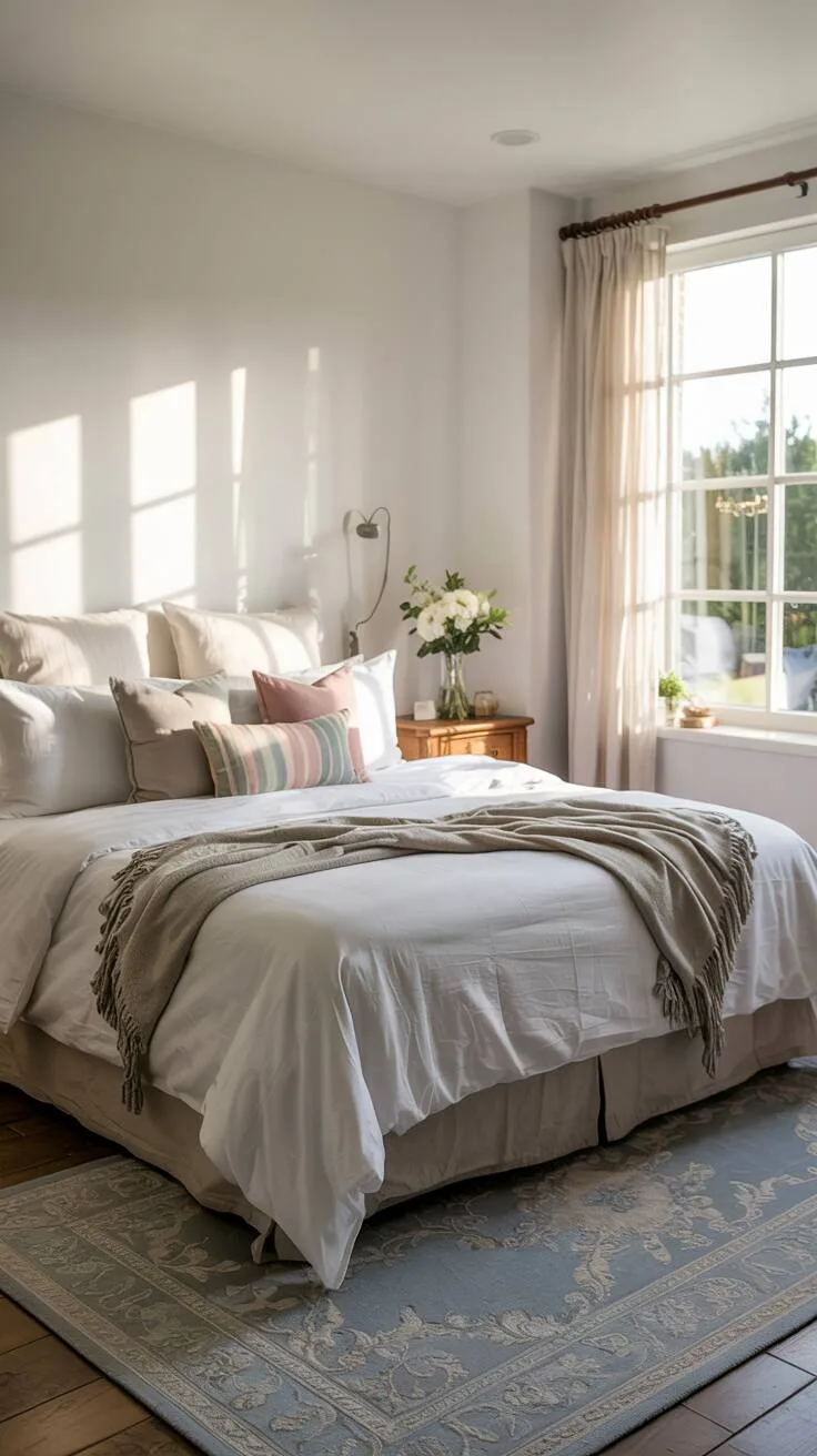 21 Stylish White Bedroom Ideas for Ultimate Comfort 12 A white bedroom with king-size bed, pastel decorative pillows, wooden nightstand, and soft natural lighting