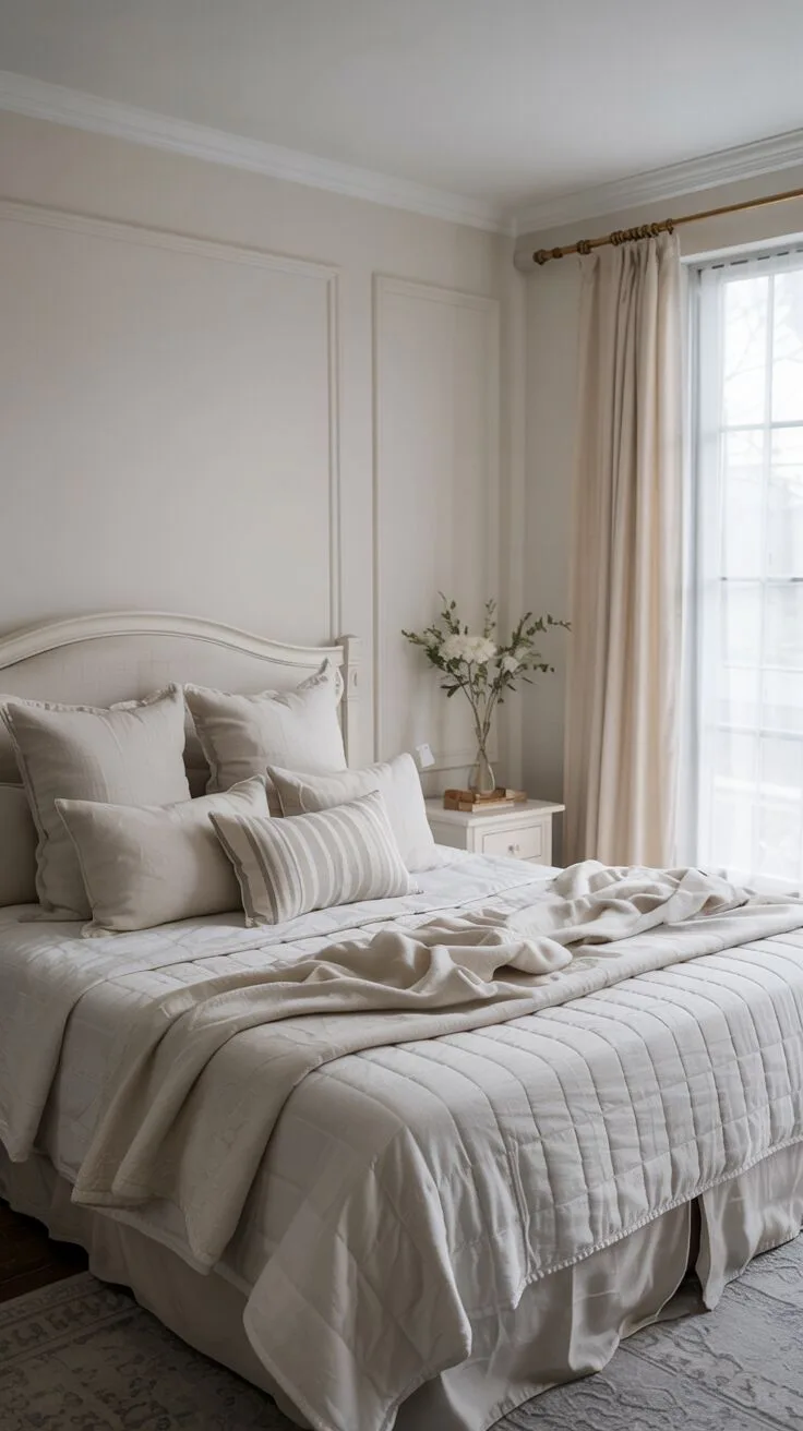 21 Stylish White Bedroom Ideas for Ultimate Comfort 13 A minimalist white bedroom with queen-sized bed, wooden headboard, and light-filled windows