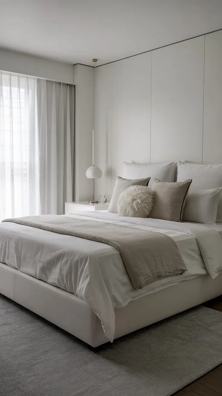 21 Stylish White Bedroom Ideas for Ultimate Comfort 14 A modern white bedroom with king-size bed, varying shades of white and light gray bedding, and sheer curtains