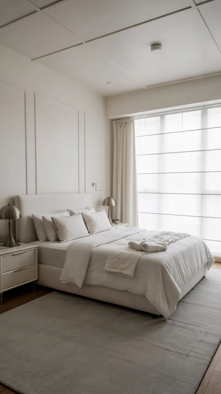 21 Stylish White Bedroom Ideas for Ultimate Comfort 16 A minimalist white bedroom with queen-size bed, modern headboard, chrome lamps, and floor-to-ceiling windows