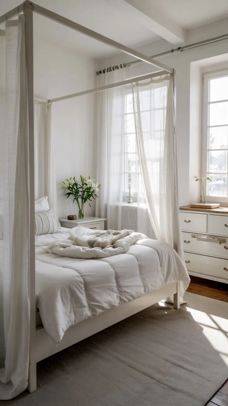 21 Stylish White Bedroom Ideas for Ultimate Comfort 17 A serene white bedroom with canopy bed, wooden dresser with subtle carvings, and fresh white lilies