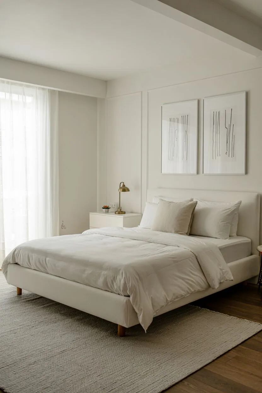 21 Stylish White Bedroom Ideas for Ultimate Comfort 18 A stylish white bedroom with wooden bed frame, brass lamp, and black and white abstract art