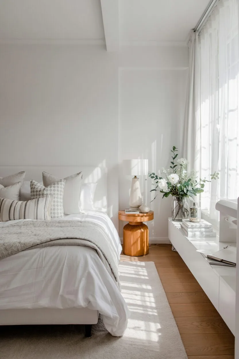 21 Stylish White Bedroom Ideas for Ultimate Comfort 19 A cozy white bedroom with gray duvet, wooden nightstand, fresh flowers, and light oak hardwood floor
