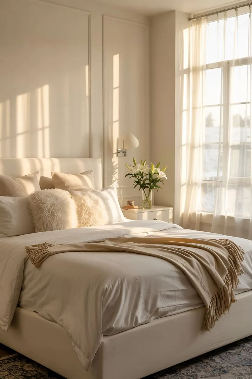 21 Stylish White Bedroom Ideas for Ultimate Comfort 20 A stylish white bedroom with upholstered bed, textured throw blanket, fresh lilies, and soft natural lighting