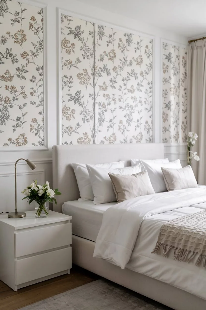 21 Stylish White Bedroom Ideas for Ultimate Comfort 21 A white bedroom with king-sized bed, delicate floral wallpaper, minimalist furnishings, and abundant natural light