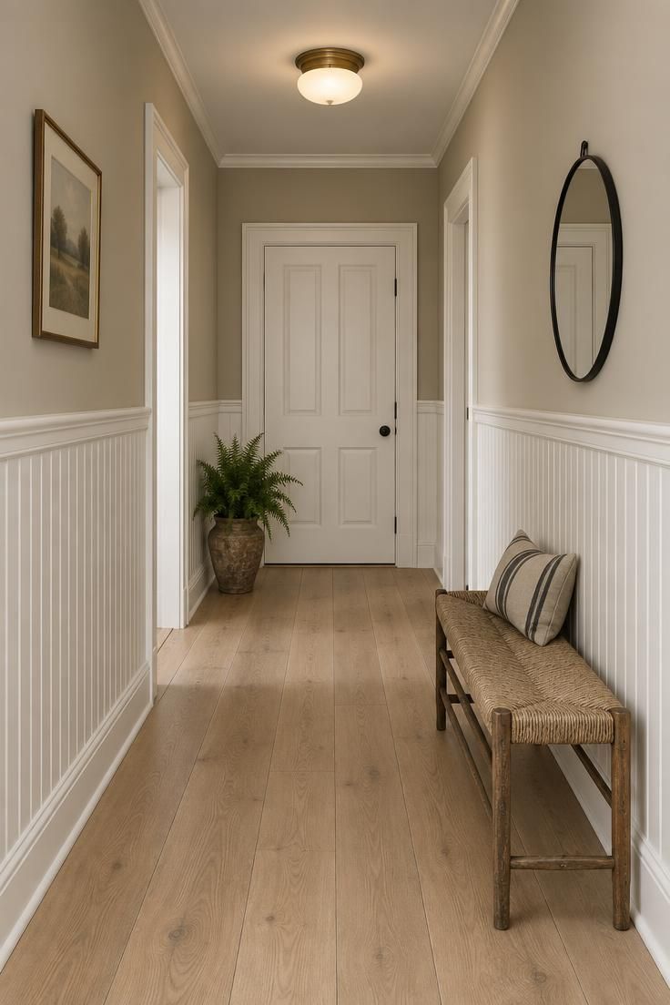 12 White Hallway Ideas for a Bright, Welcoming Entry 1 A long white hallway with white beadboard wainscoting and warm greige upper walls, a reclaimed-wood bench with a woven seat below a round black-framed mirror, and pale oak flooring leading to a white paneled door.