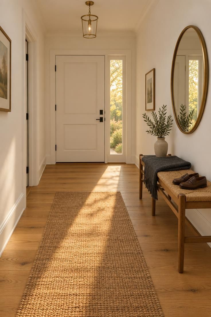 12 White Hallway Ideas for a Bright, Welcoming Entry 2 A white hallway with honey-toned oak flooring running perpendicular to the entry door, a slim wooden bench with a woven seat and a jute runner, a round brass mirror above, and warm afternoon light across the boards.