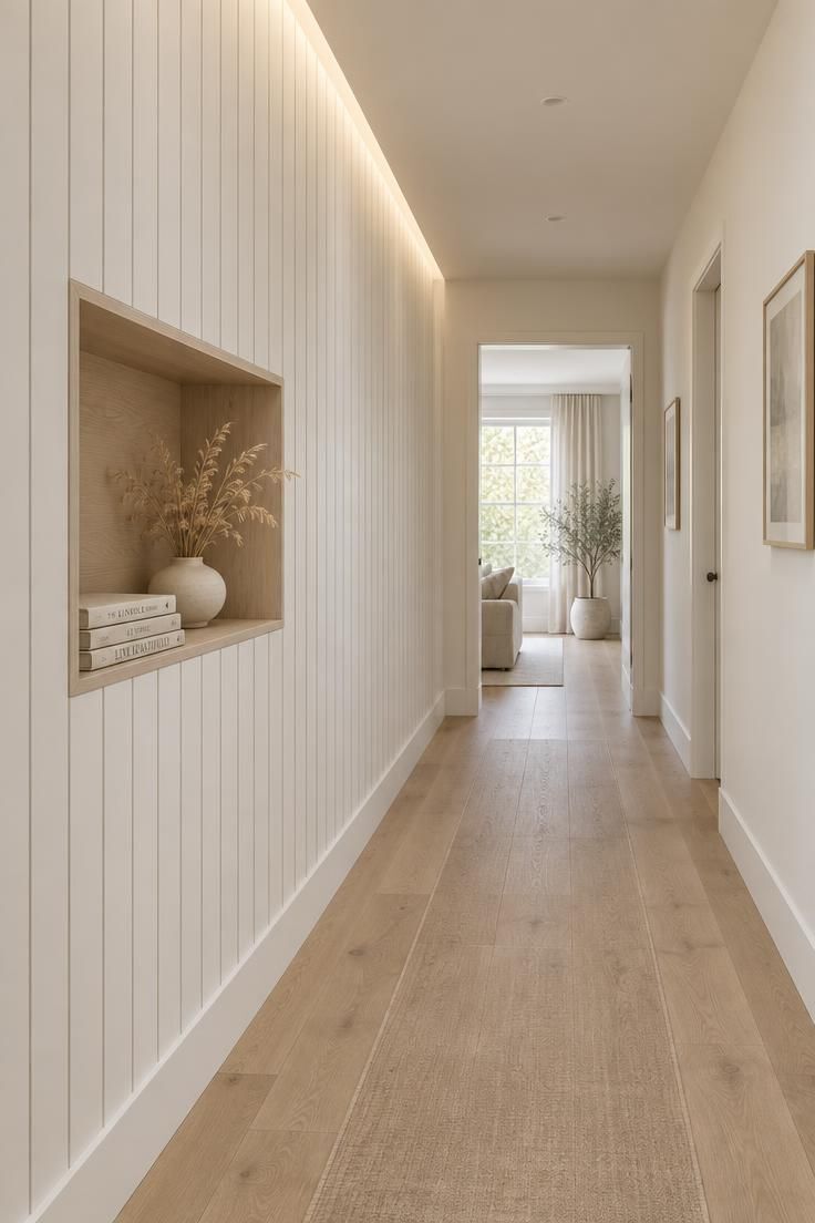12 White Hallway Ideas for a Bright, Welcoming Entry 3 A white hallway with a vertical shiplap accent wall and a small recessed white oak niche holding books and dried grasses, lit by soft indirect daylight.