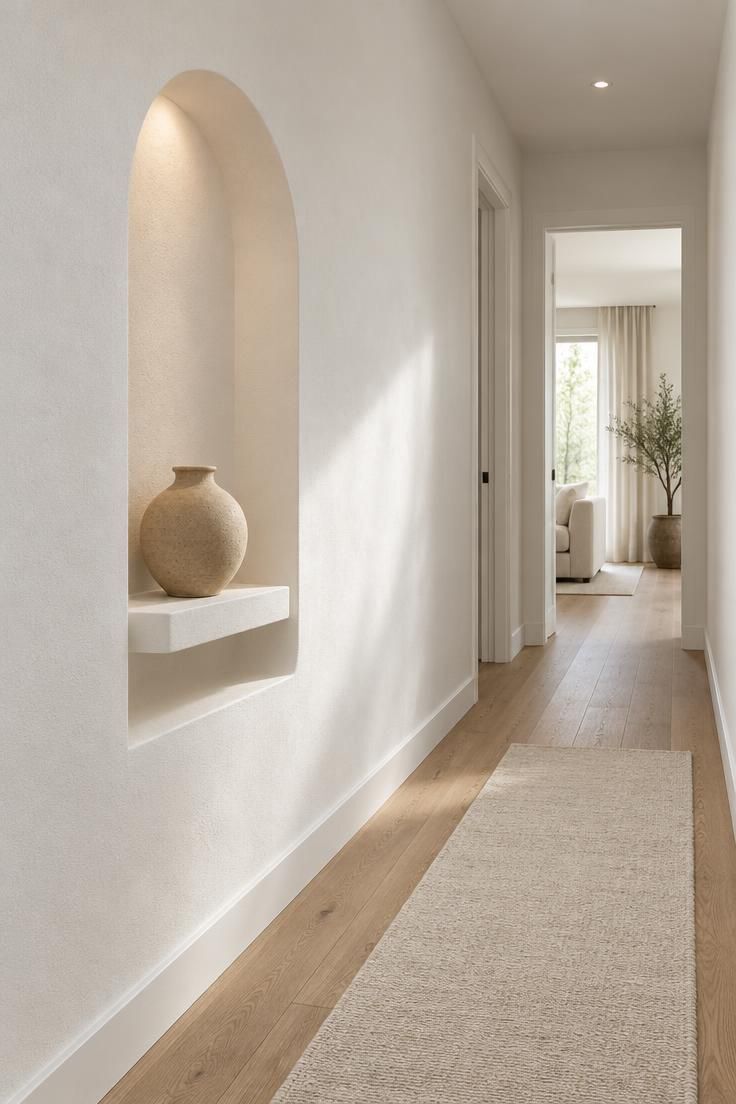 12 White Hallway Ideas for a Bright, Welcoming Entry 4 A white hallway with a softly curved plaster arch niche recessed into the left wall, holding a single warm-toned stoneware vessel on a floating shelf, with soft daylight washing across the niche.