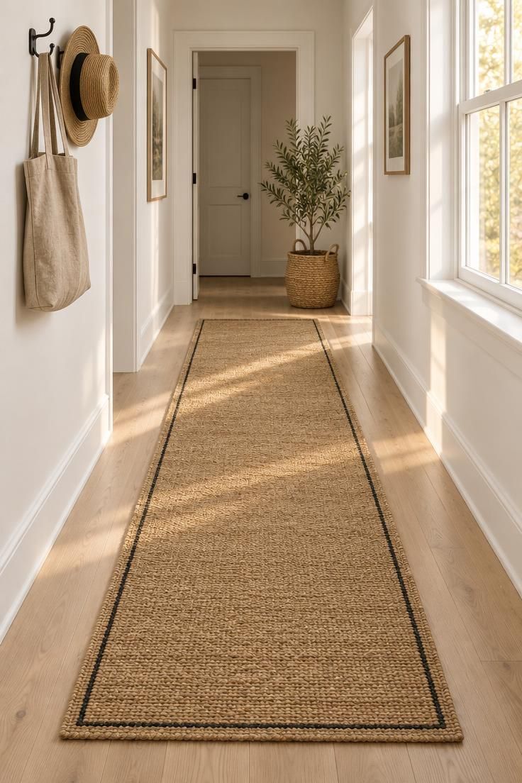 12 White Hallway Ideas for a Bright, Welcoming Entry 5 A white hallway with a long natural jute runner rug bordered in black, centered on pale wood flooring with bare wood visible on both sides, plus a potted plant in a seagrass basket and warm afternoon light.