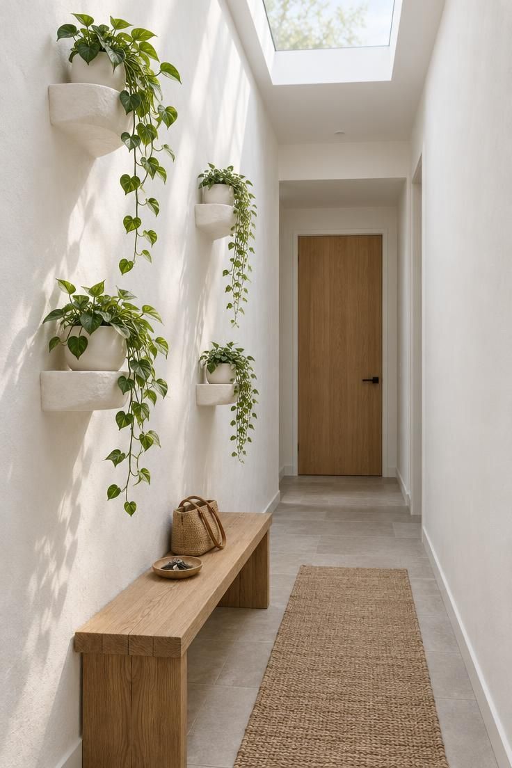 12 White Hallway Ideas for a Bright, Welcoming Entry 6 A white hallway with staggered plaster wall ledges holding trailing plants in white pots, a narrow oak bench below, and soft skylight casting leaf shadows across the walls.
