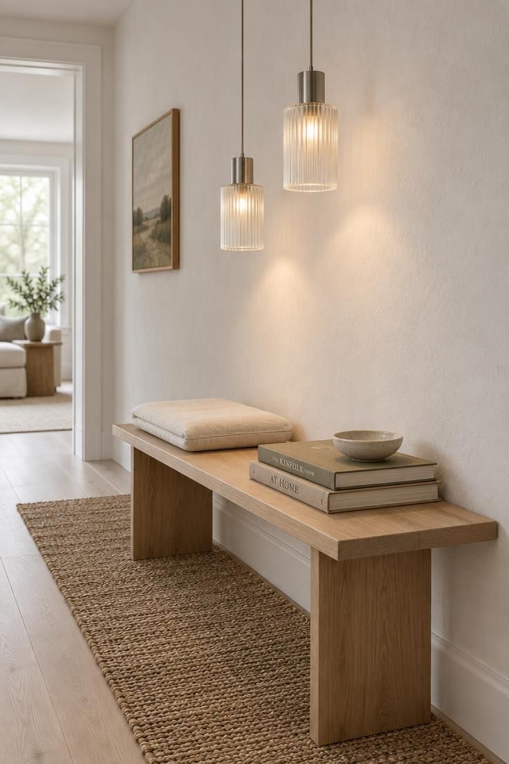 12 White Hallway Ideas for a Bright, Welcoming Entry 7 Two reeded glass pendant lights with ribbed shades glowing above a narrow white oak bench with a folded ivory cushion, two art books, and a jute runner on pale wood flooring in a bright white hallway.