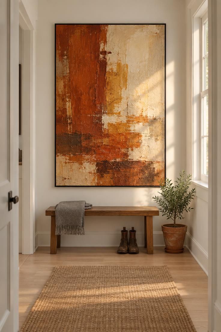 12 White Hallway Ideas for a Bright, Welcoming Entry 8 A white hallway ending at an oversized abstract painting in rust, ochre, and cream in a thin black frame, with a wooden bench, folded throw, leather boots, and a terracotta pot below.